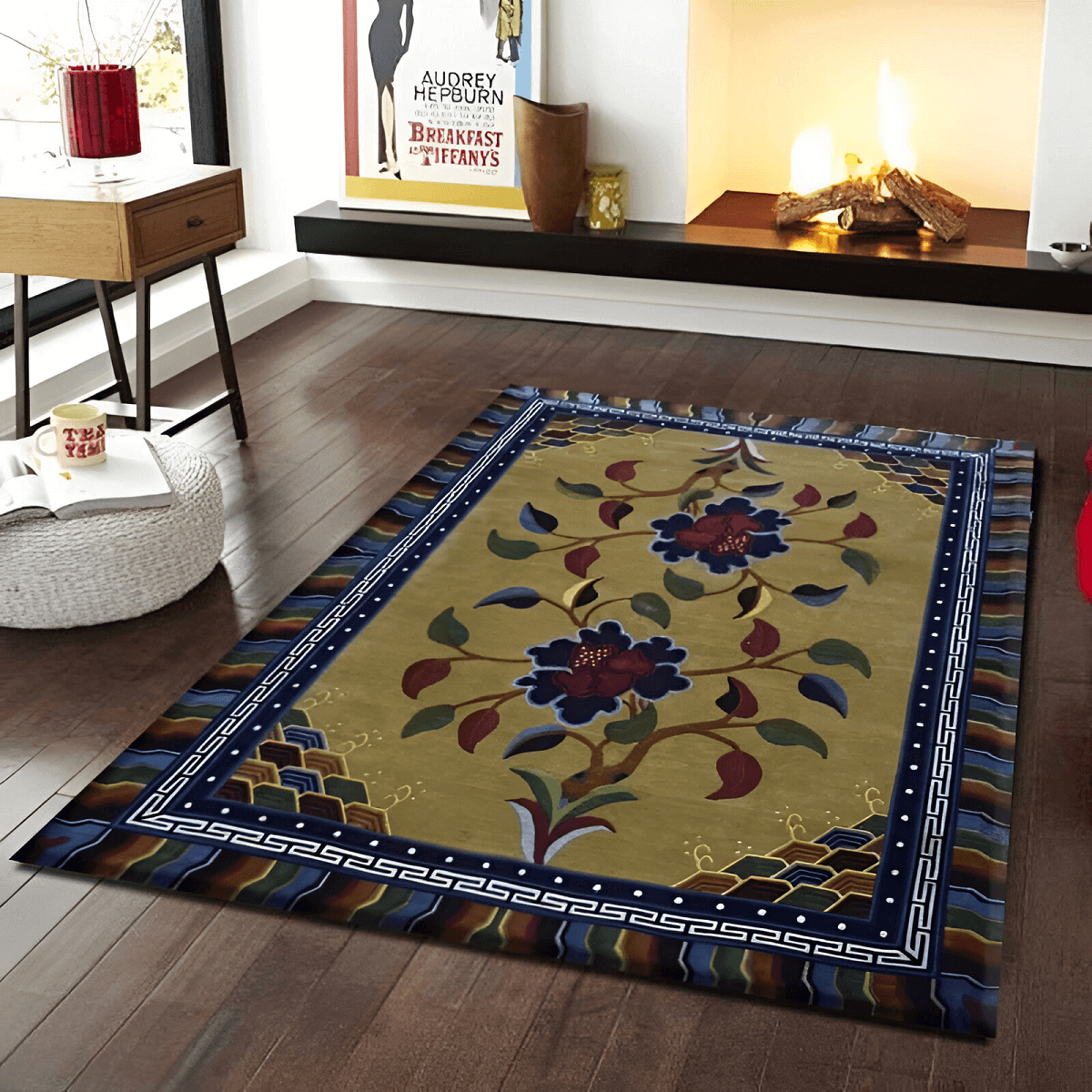 Tibetan Wool Carpet - 2 Flowers Yellow