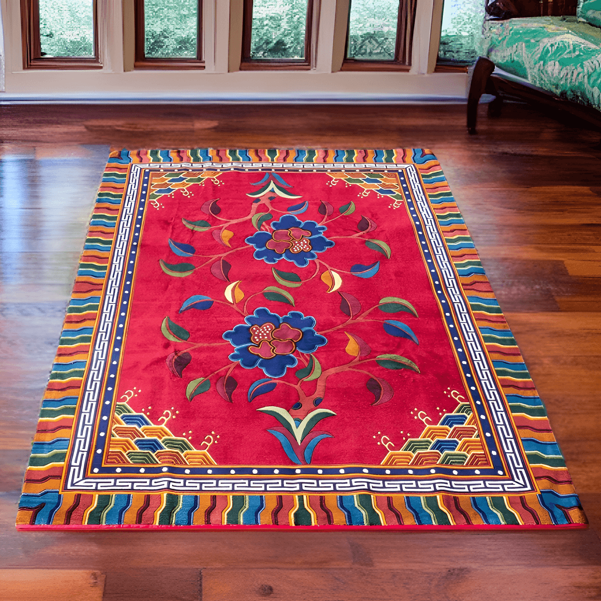 Tibetan Wool Carpet - 2 Flowers Red