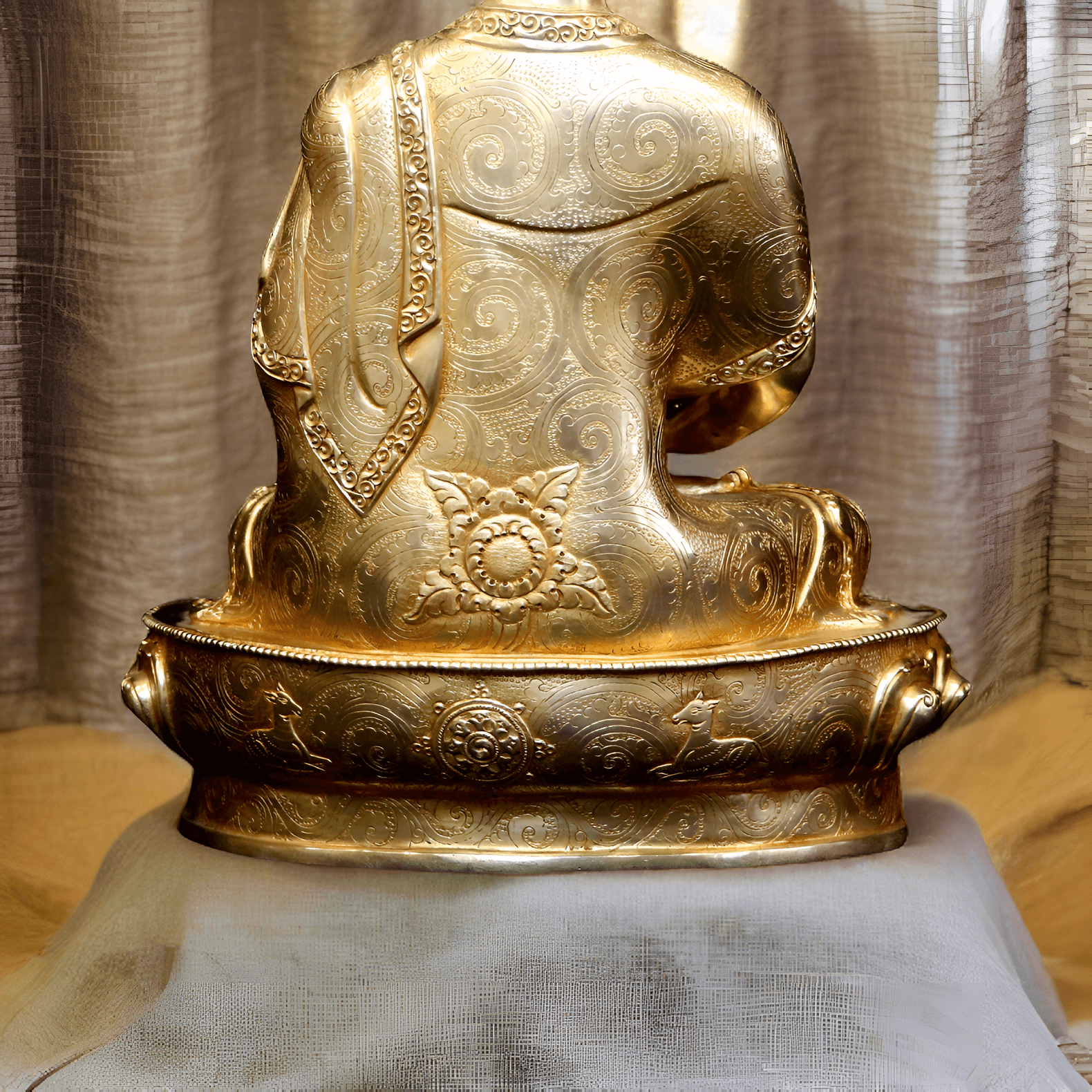 Nahaufnahme der Rückseite einer handgefertigten, vergoldeten Amitabha-Buddha-Statue (34 cm).