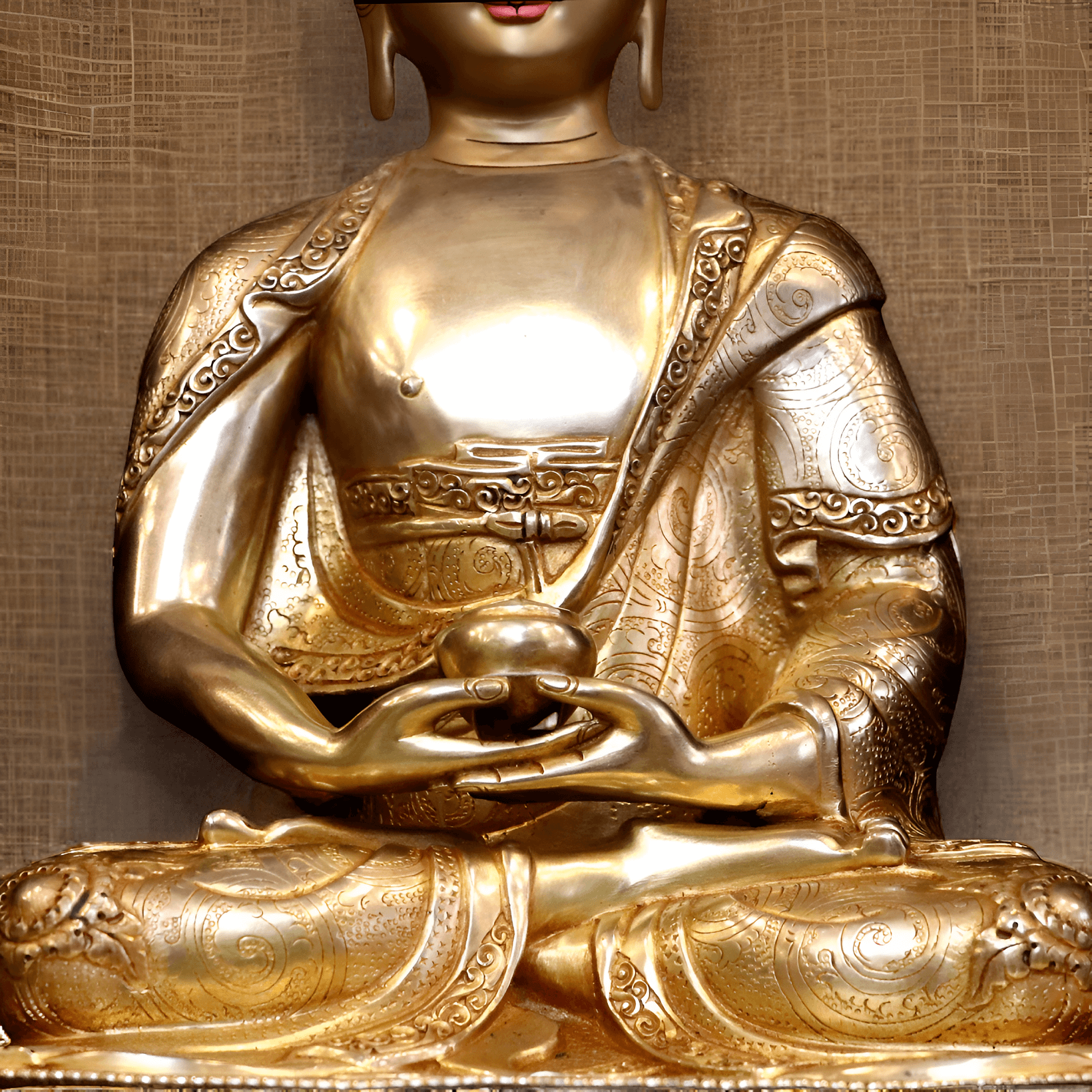 Nahaufnahme des Körpers einer handgefertigten, vergoldeten Amitabha-Buddha-Statue (34 cm).