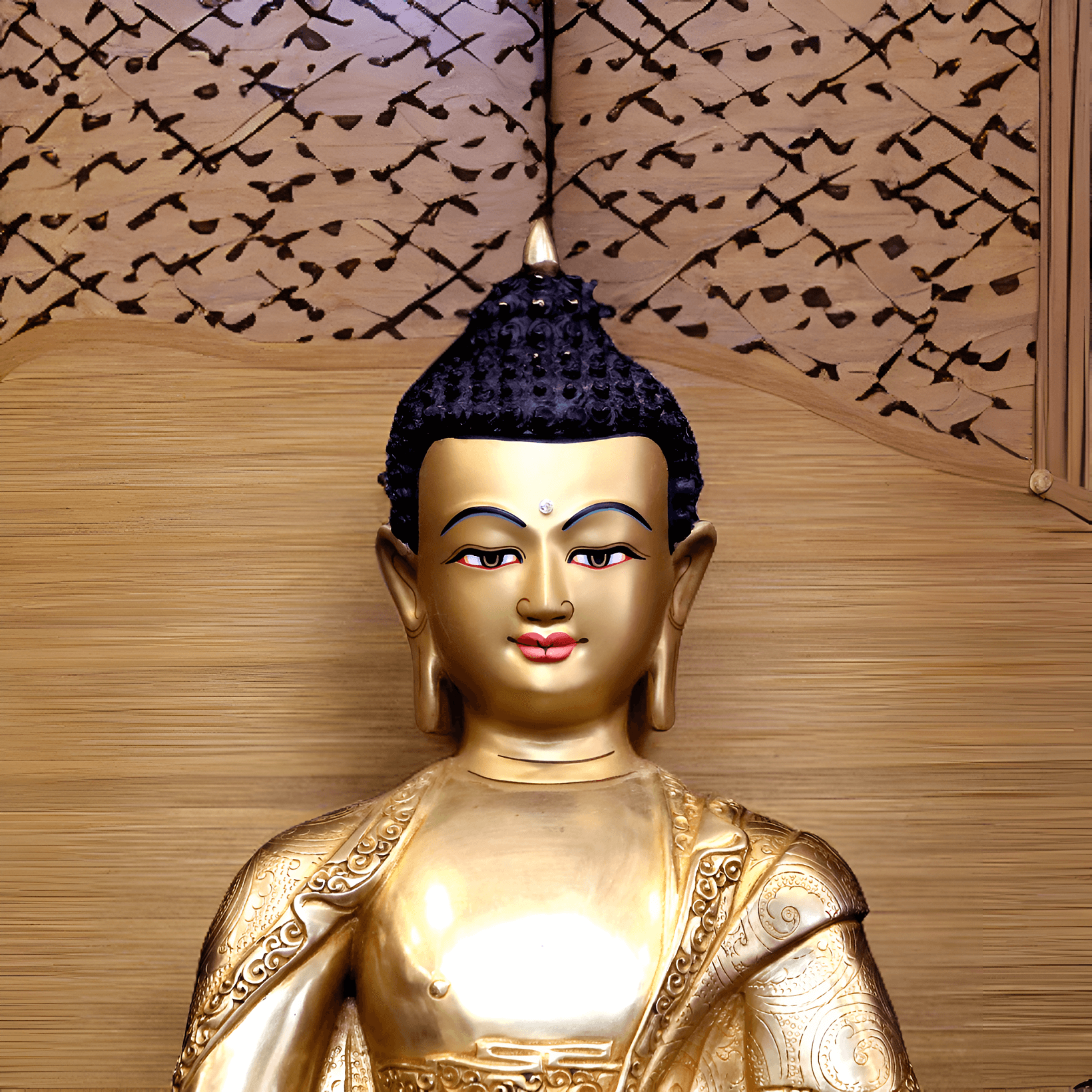 Nahaufnahme des Gesichts einer handbemalten Amitabha-Buddha-Statue (34 cm) mit Goldpigmenten.