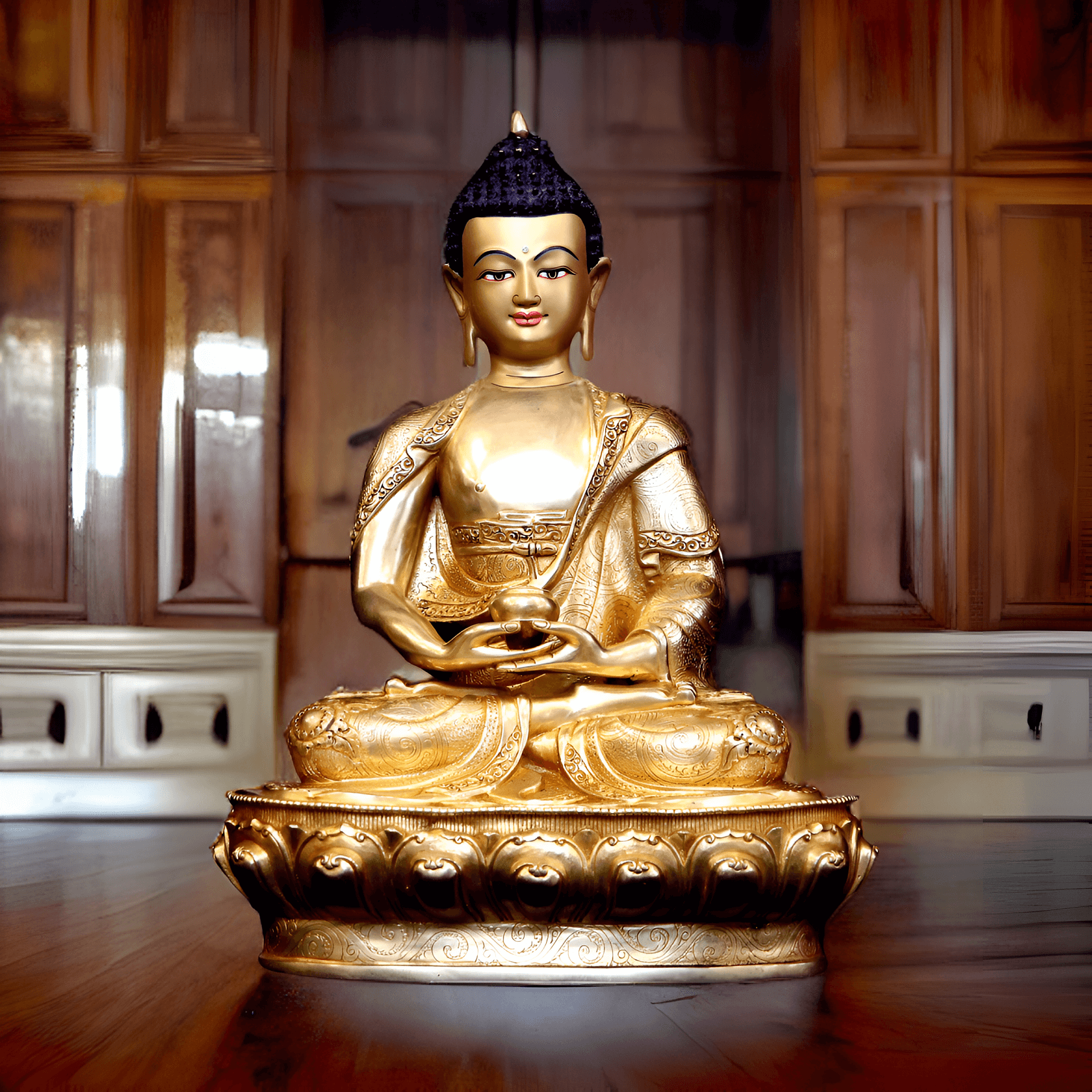 Eine handgefertigte, vergoldete Amitabha-Buddha-Statue mit einer Höhe von 34 cm steht auf einem polierten Holzboden.