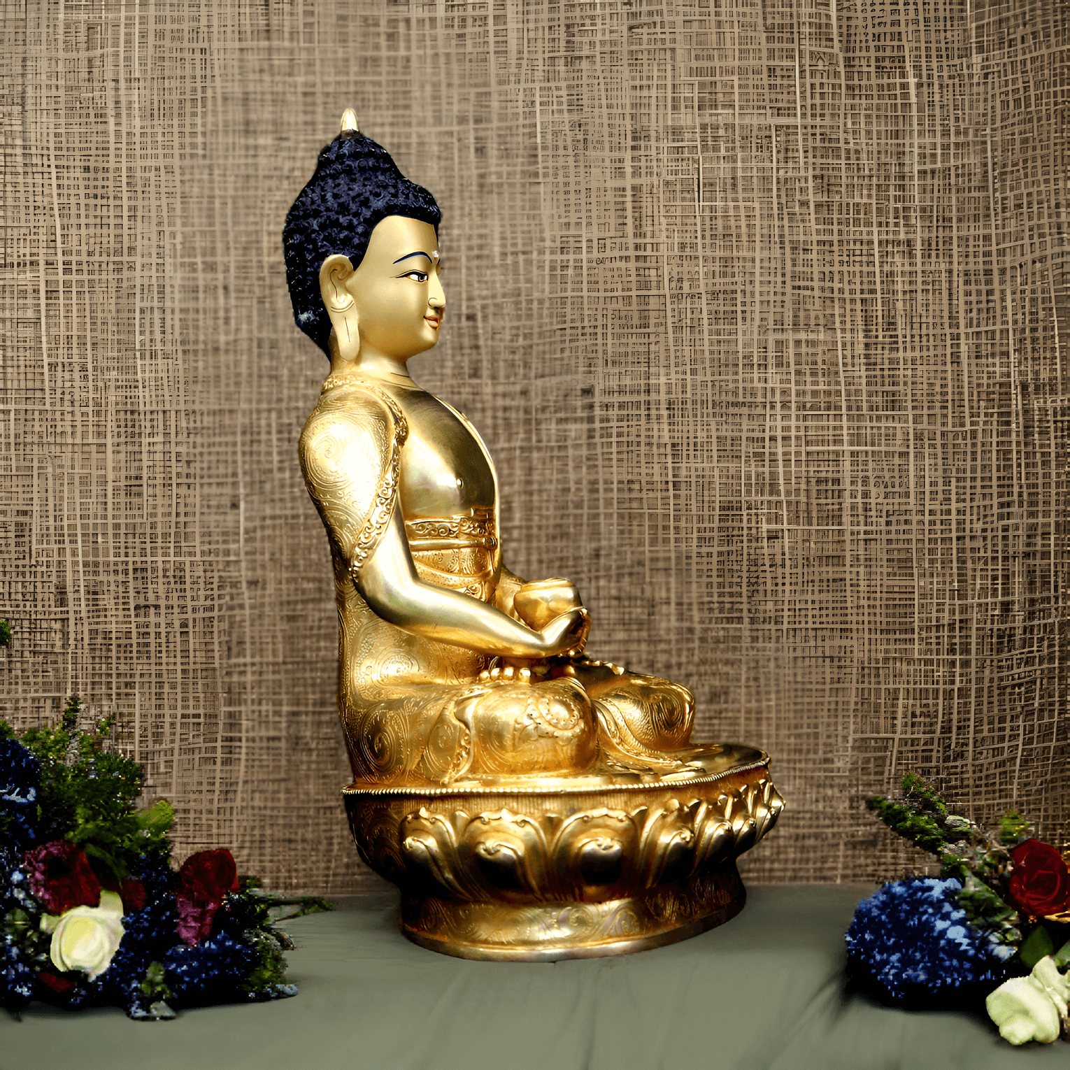 Handgefertigte und vergoldete Amitabha-Buddha-Statue (34 cm) auf einem Sockel mit Blumen, von der Seite.