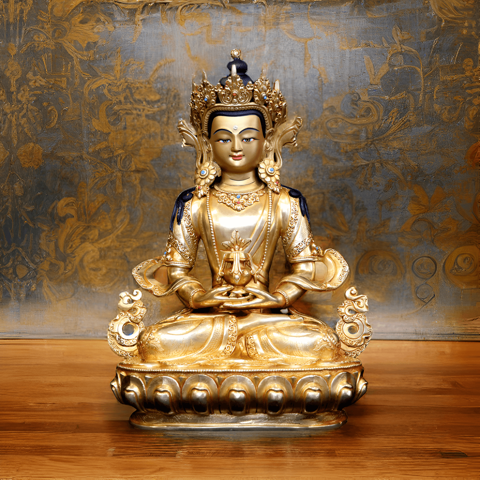 Eine handgefertigte, vergoldete Amitayus-Buddha-Statue mit einer Höhe von 34 cm steht auf einem polierten Holzboden.