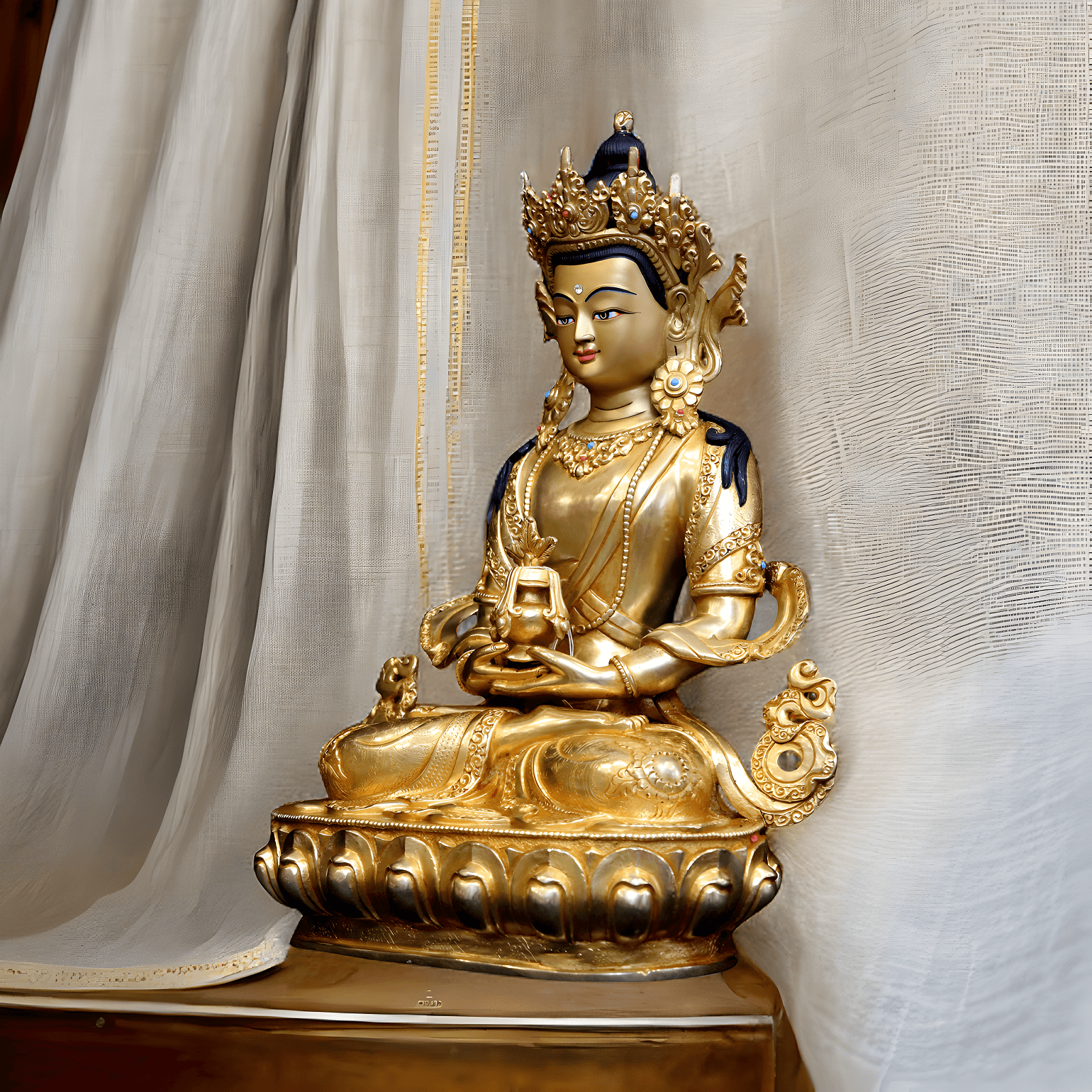 Handgefertigte und vergoldete Amitayus-Buddha-Statue (34 cm) auf einem Sockel, von der Seite.