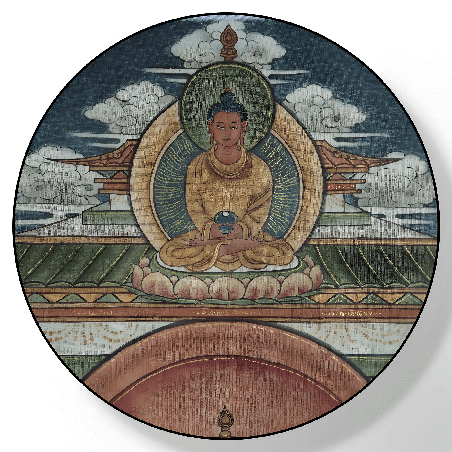 Nahaufnahme: Avalokiteshvara mit Buddha über dem Kopf im Thangka-Gemälde