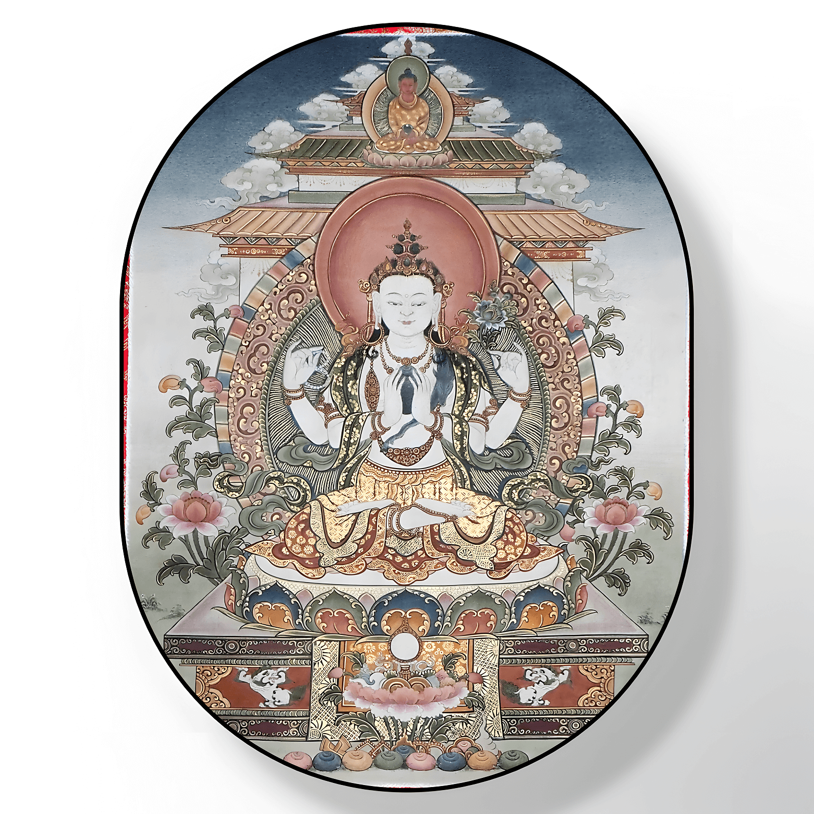 Avalokiteshvara, Nahaufnahme - Handgemaltes Thangka mit Seidenbrokat und natürlichen Mineralpigmenten.