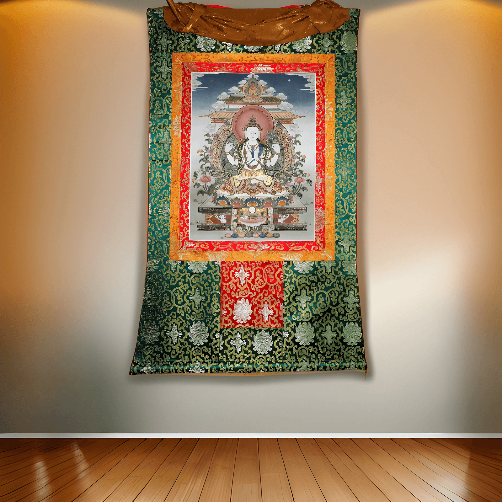 Avalokiteshvara, Lokeswor, Chyangresi, Chenrezig - Handgemaltes Thangka mit Seidenbrokat und natürlichen Mineralpigmenten.