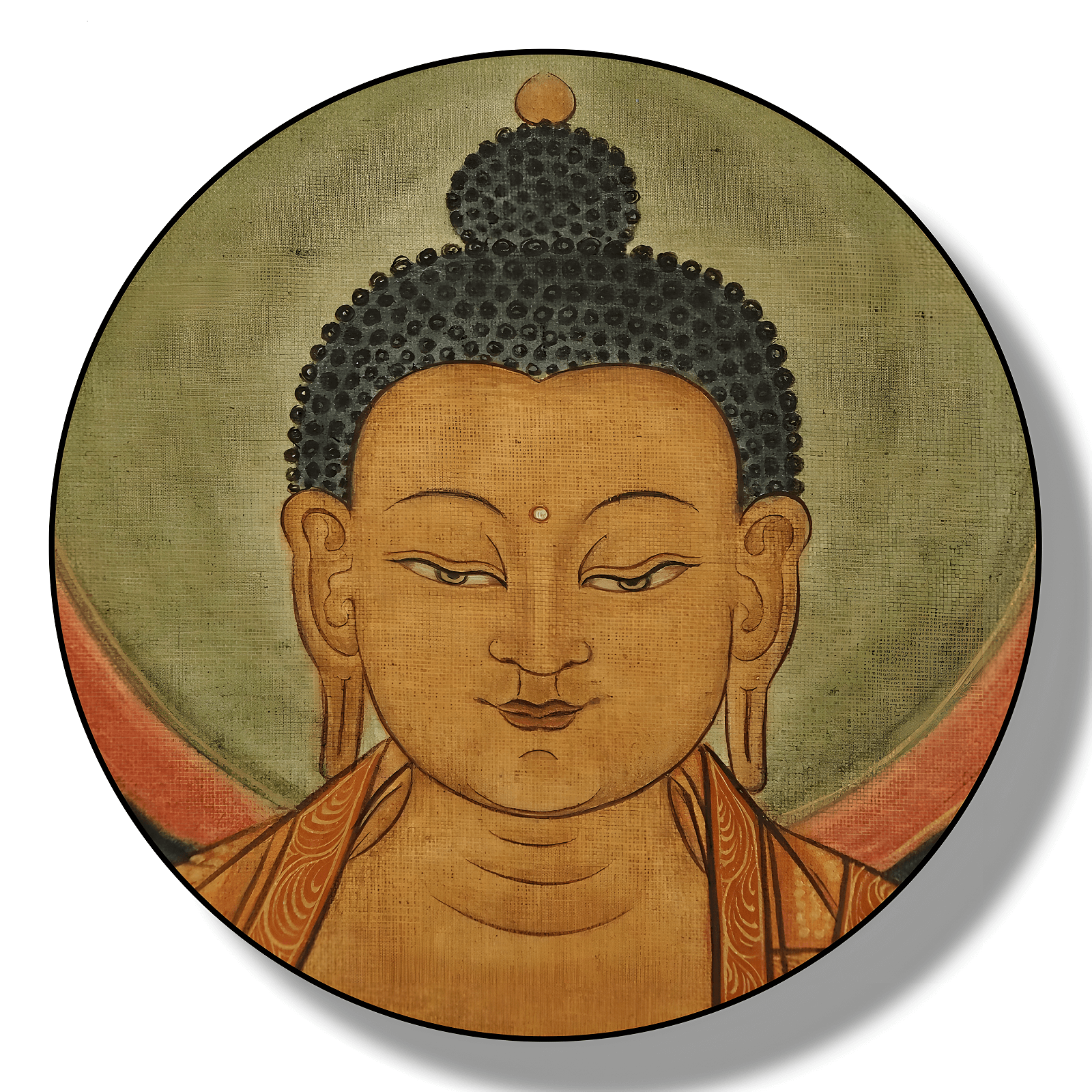 Diese Nahaufnahme zeigt den Buddha mit einem friedlichen Lächeln und halb geschlossenen Augen. Handgemaltes Thangka aus Bhutan, auf Linien und mit Mineralpigmenten.