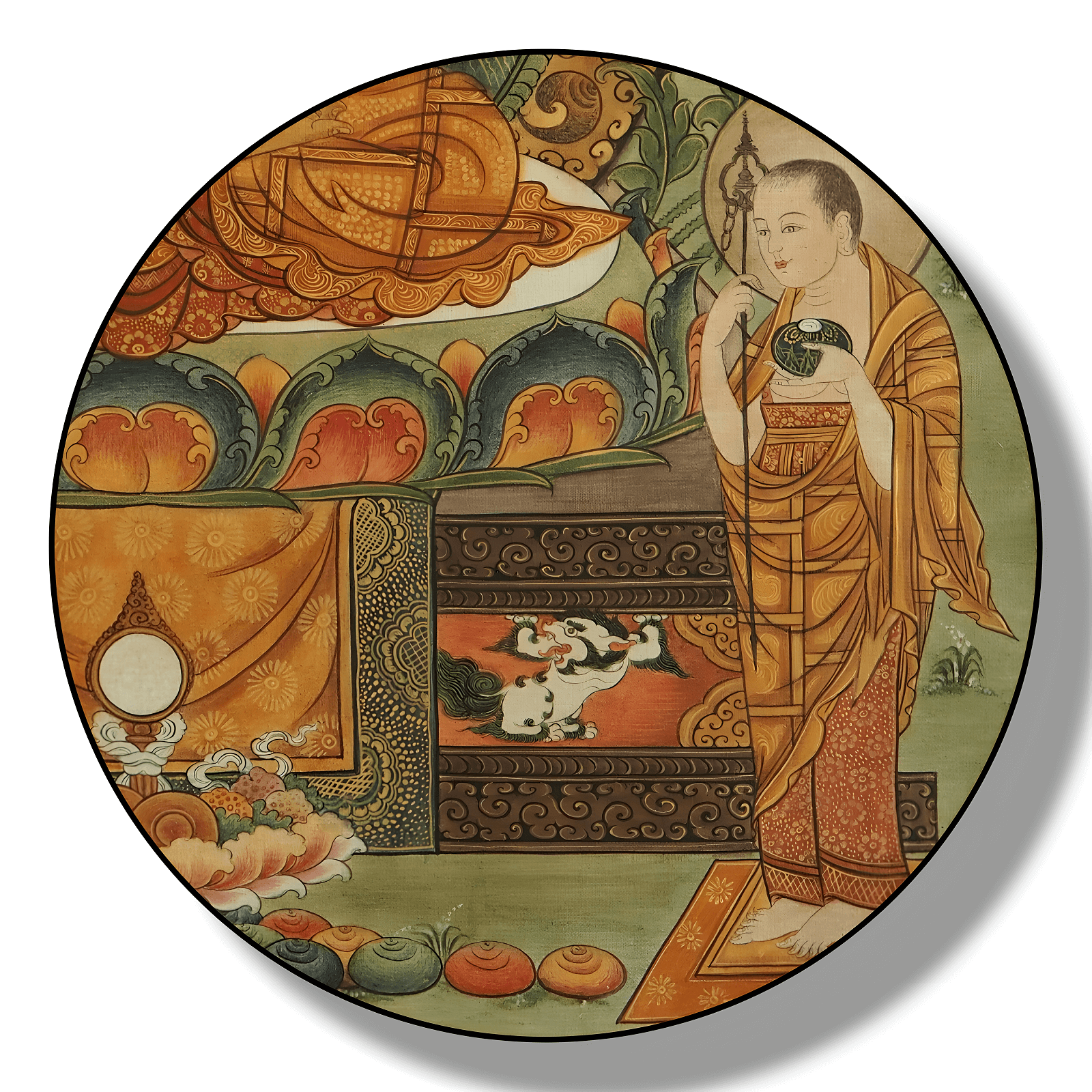 Nahaufnahme: Buddha Shakyamuni linke Seite mit wichtigstem Schüler (Ananda und Kassap). Handgemaltes Thangka aus Bhutan, auf Linien und mit Mineralpigmenten.