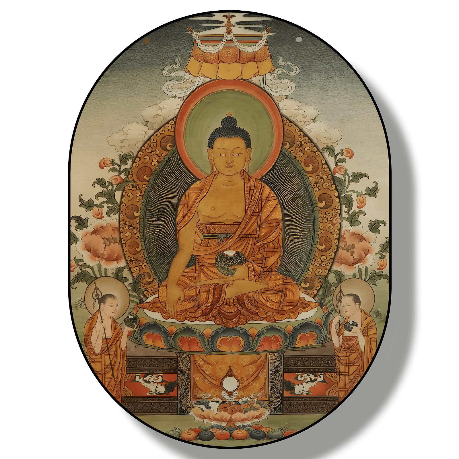 Buddha Shakyamuni, Nahaufnahme - Handgemaltes Thangka aus Bhutan, auf Linien und mit Mineralpigmenten. zeigt den Buddha mit einem friedlichen Lächeln und geschlossenen Augen in einer meditativen Haltung.