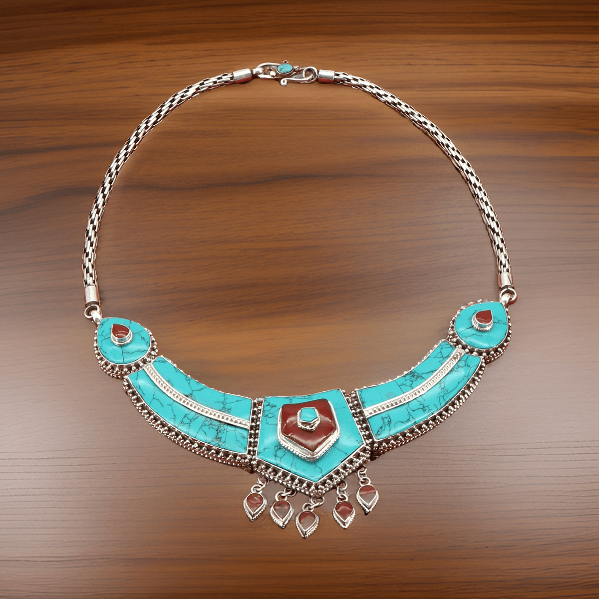 925 silver necklace - turquoise &amp; coral | Handmade in Nepal | Boho