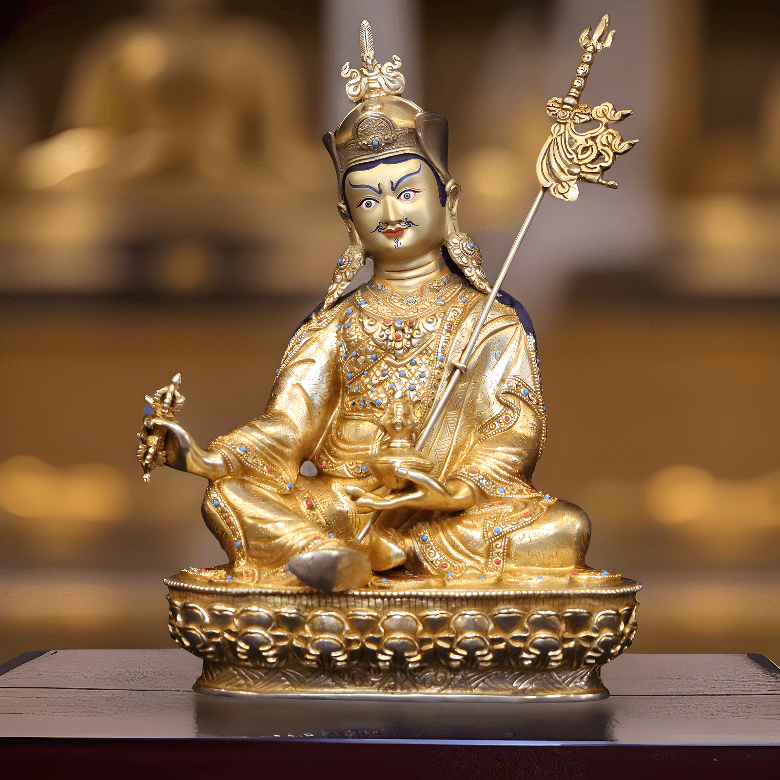 Eine handgefertigte, vergoldete Guru Rinpoche Statue mit einer Höhe von 34 cm steht auf einem Holztisch.