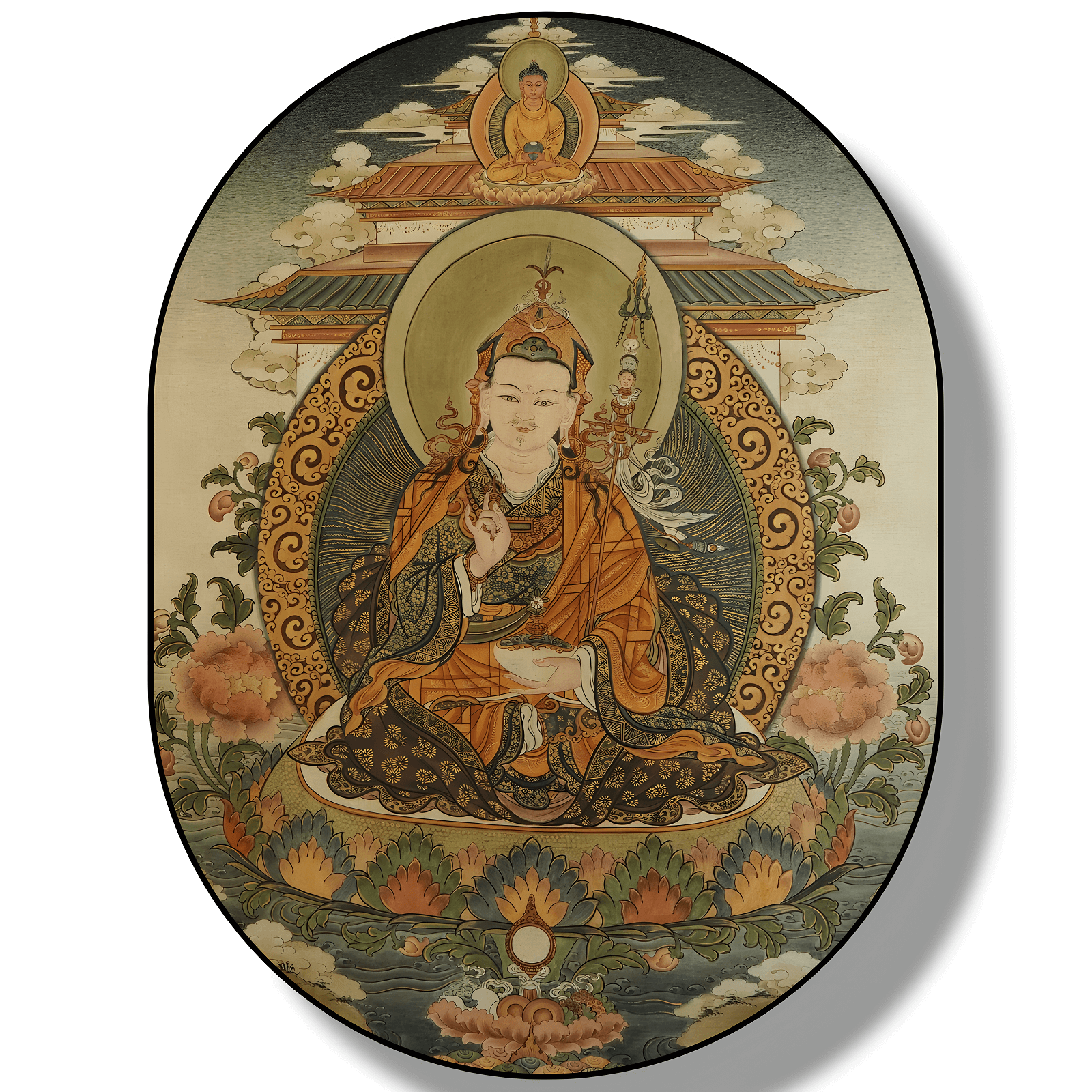 Guru Rinpoche, Nahaufnahme - Handgemaltes Thangka aus Bhutan, auf Linien und mit Mineralpigmenten. Padmasambhava sitzt in der Meditationshaltung auf einer Lotosblüte. Handgemaltes Thangka aus Bhutan auf Linien mit natürlichen Mineralpigmenten.