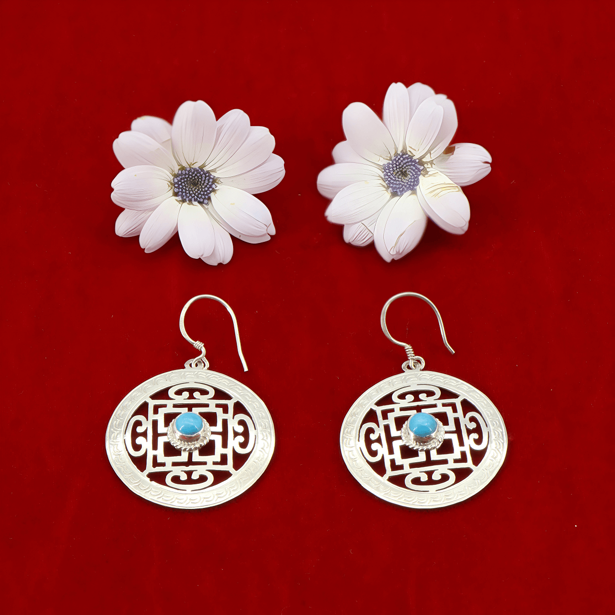 925 silver earrings | Mandala with turquoise | Handmade in Nepal