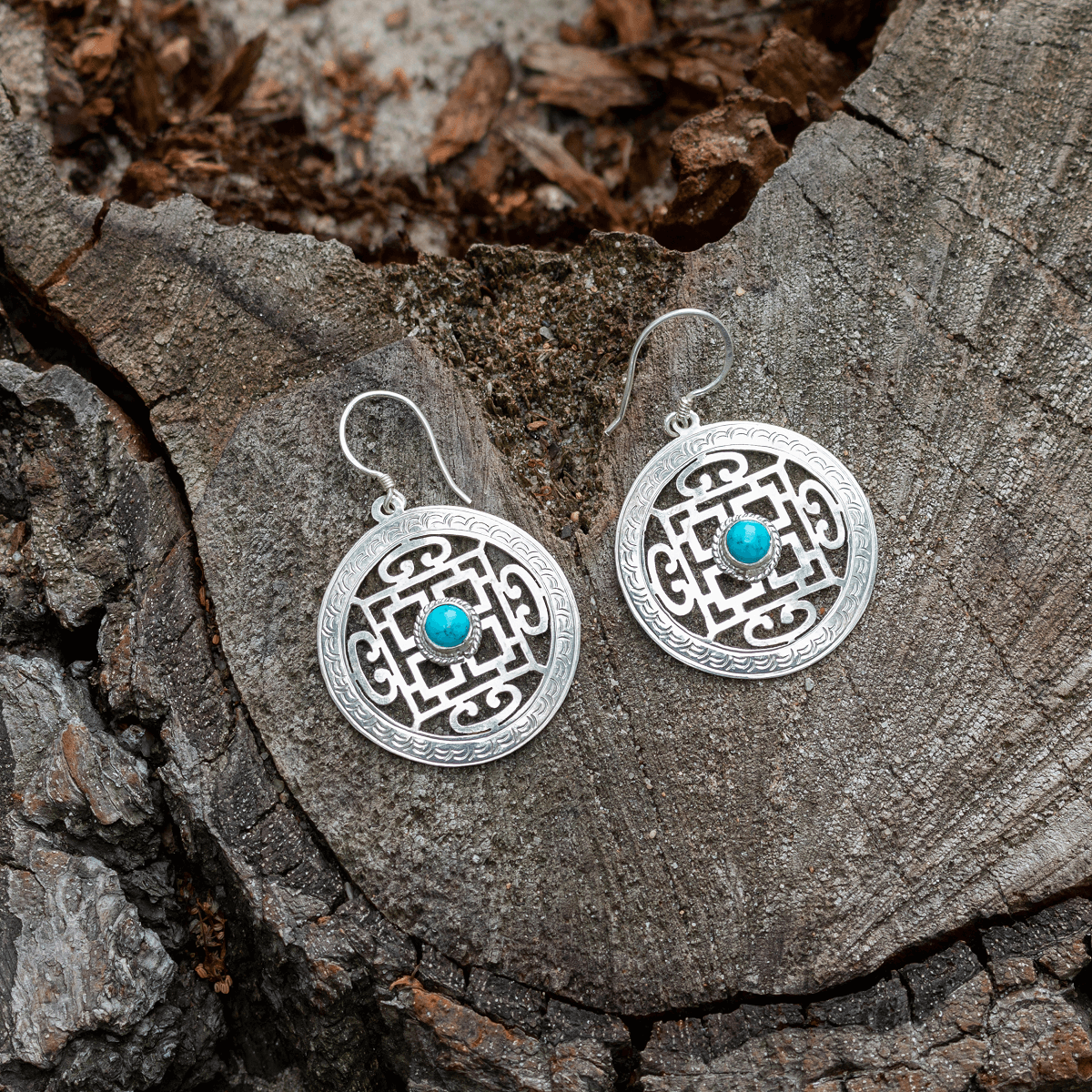 925 silver earrings | Mandala with turquoise | Handmade in Nepal