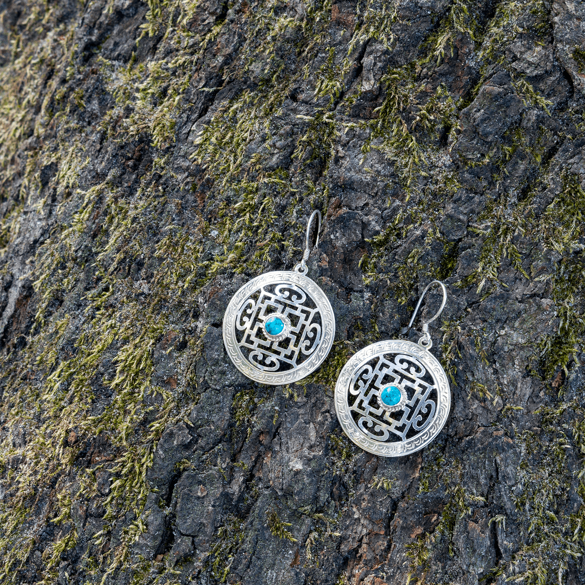 925 silver earrings | Mandala with turquoise | Handmade in Nepal