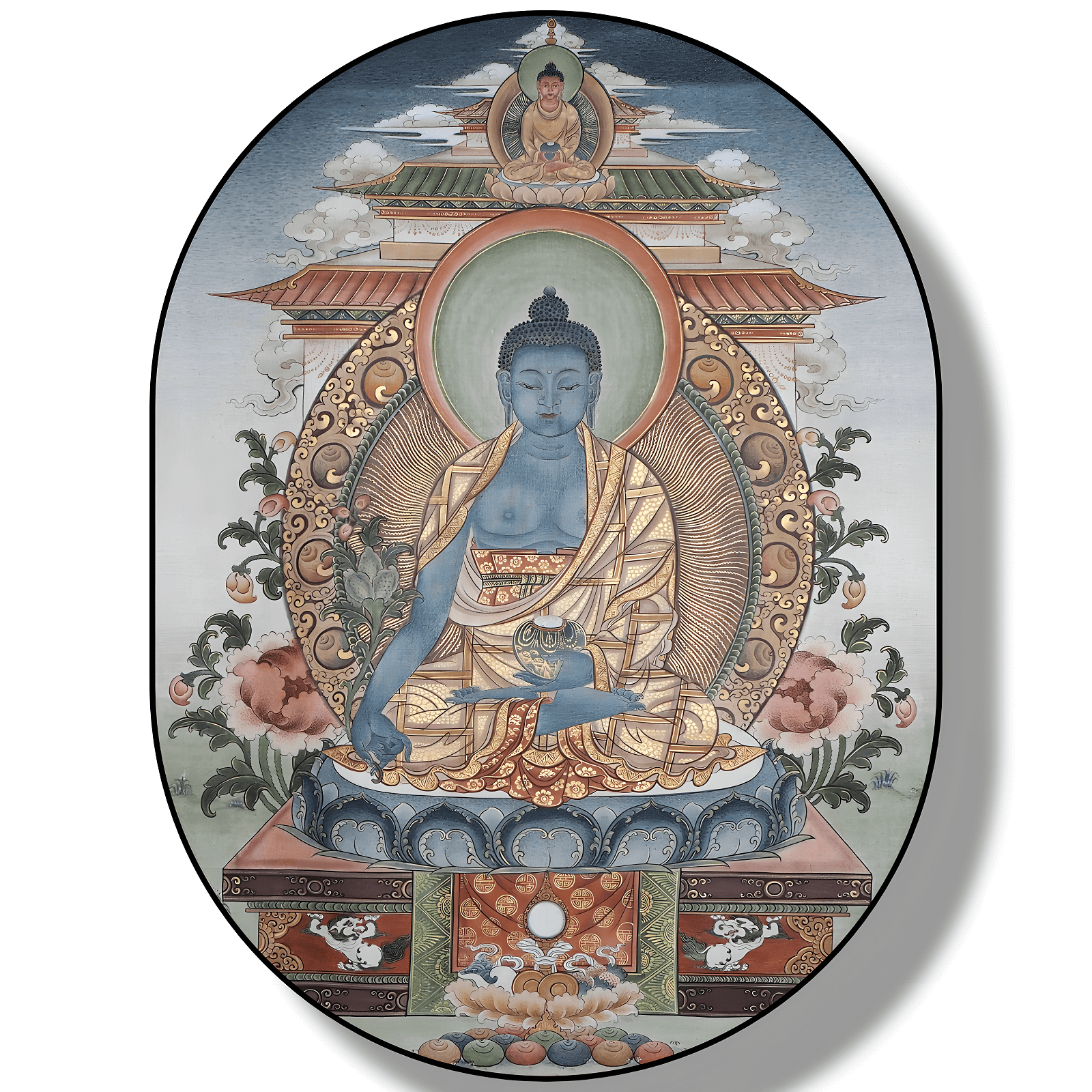 Medizin-Buddha Thangka: Der blau gewandete Buddha sitzt im Lotussitz und hält in seinen Händen die Mudra der Wunscherfüllung und eine Schale mit Nektar. Umgeben von Heilpflanzen und Symbolen repräsentiert er Heilung, Weisheit und Erleuchtung.