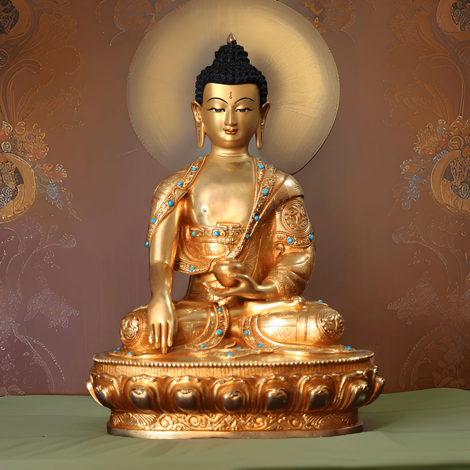 Eine handgefertigte, vergoldete Shakyamuni Buddha Statue mit einer Höhe von 34 cm steht auf einem Altar.