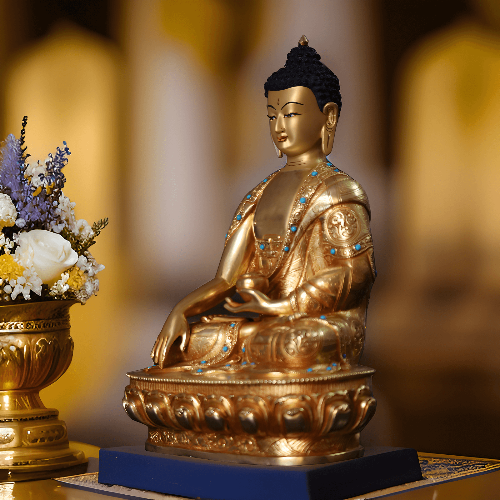 Handgefertigte und vergoldete Shakyamuni Buddha Statue (34 cm) auf einem Altar, von der Seite.