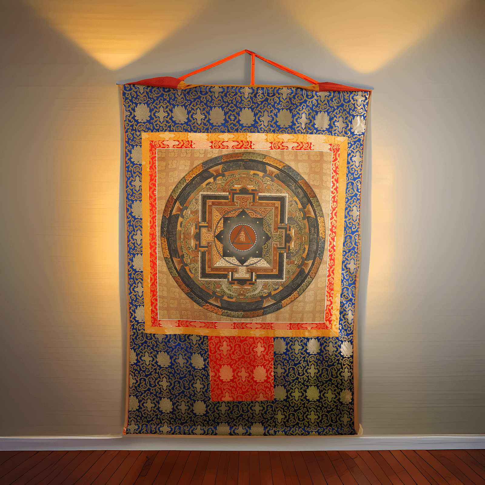 Throwai Mandala Thangka aus Bhutan ist ein Symbol für Schutz und Befreiung. Handgemaltes Thangka aus Bhutan mit Seidenbrokat und natürlichen Mineralpigmenten.