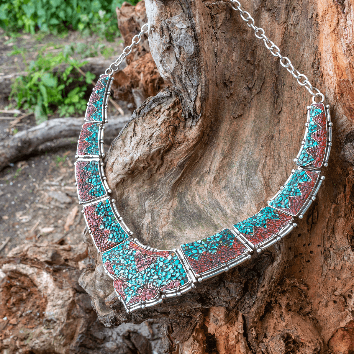 925 silver necklace - turquoise &amp; coral mosaic | Handmade in Nepal