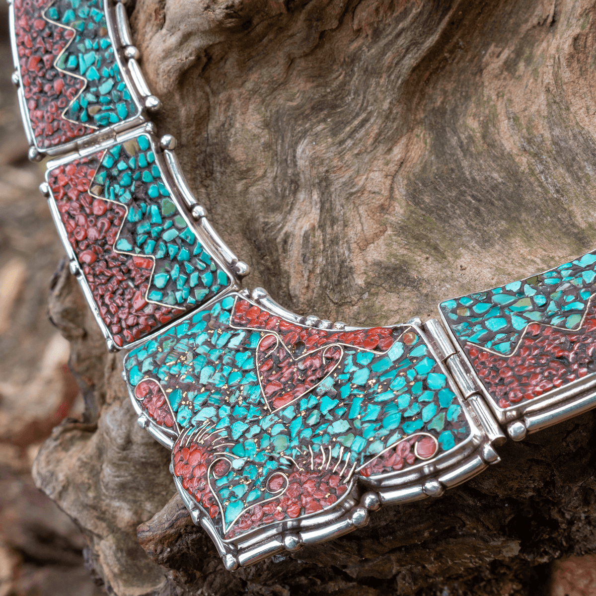 925 silver necklace - turquoise &amp; coral mosaic | Handmade in Nepal