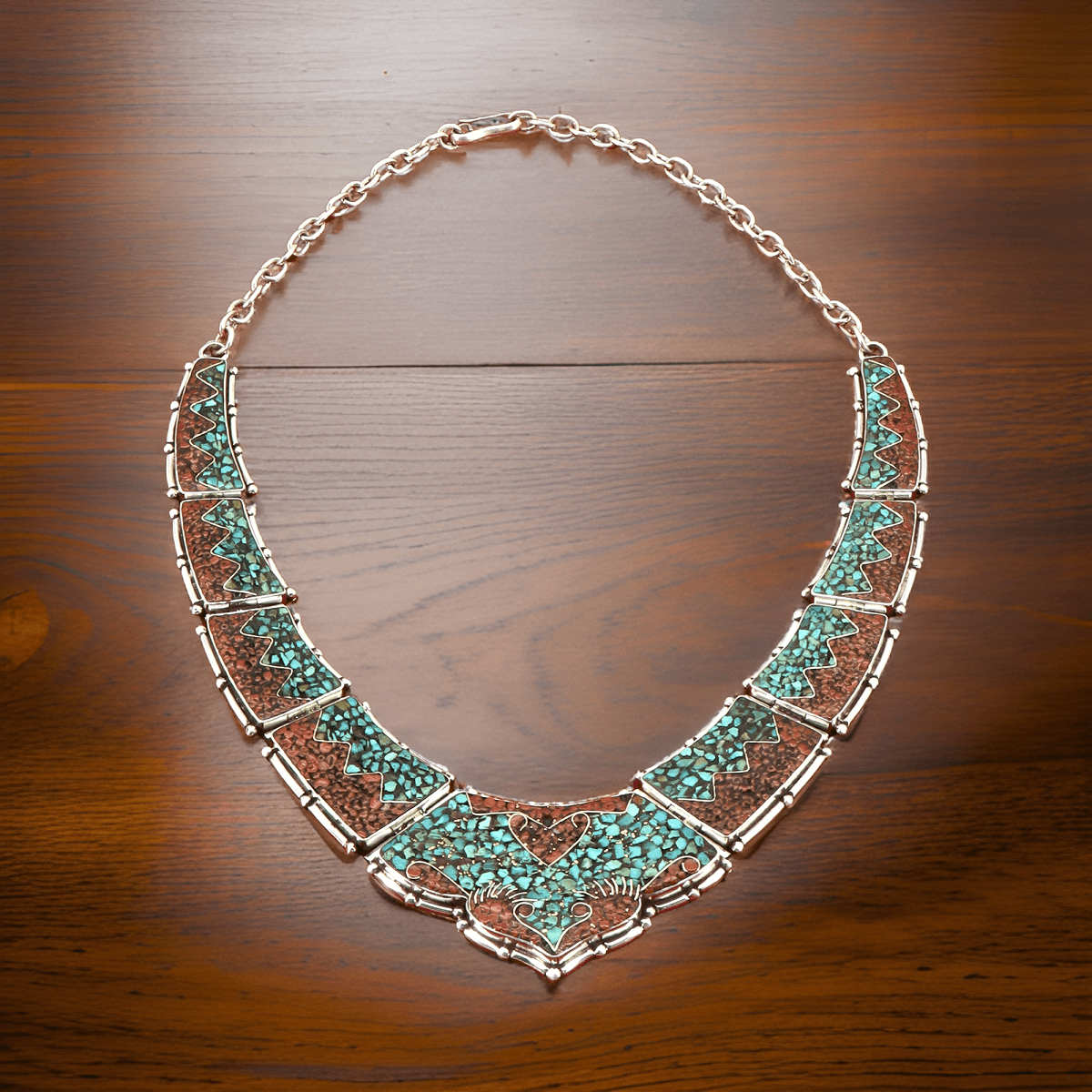 925 silver necklace - turquoise &amp; coral mosaic | Handmade in Nepal