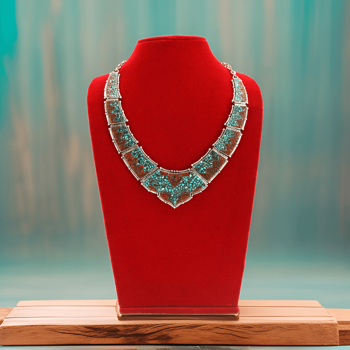 925 silver necklace - turquoise &amp; coral mosaic | Handmade in Nepal