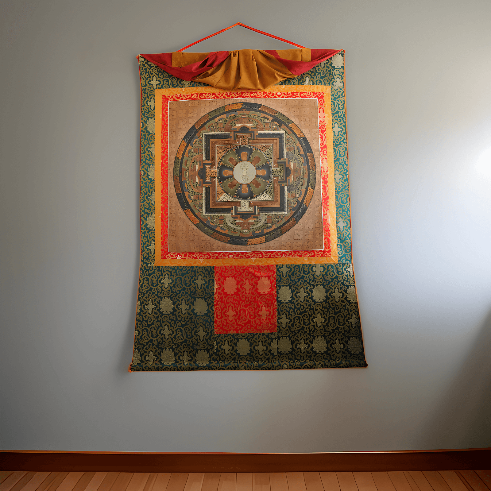 Zhiwai Mandala Thangka aus Bhutan ist ein Symbol für Frieden und Harmonie. Handgemaltes Thangka aus Bhutan mit Seidenbrokat und natürlichen Mineralpigmenten.