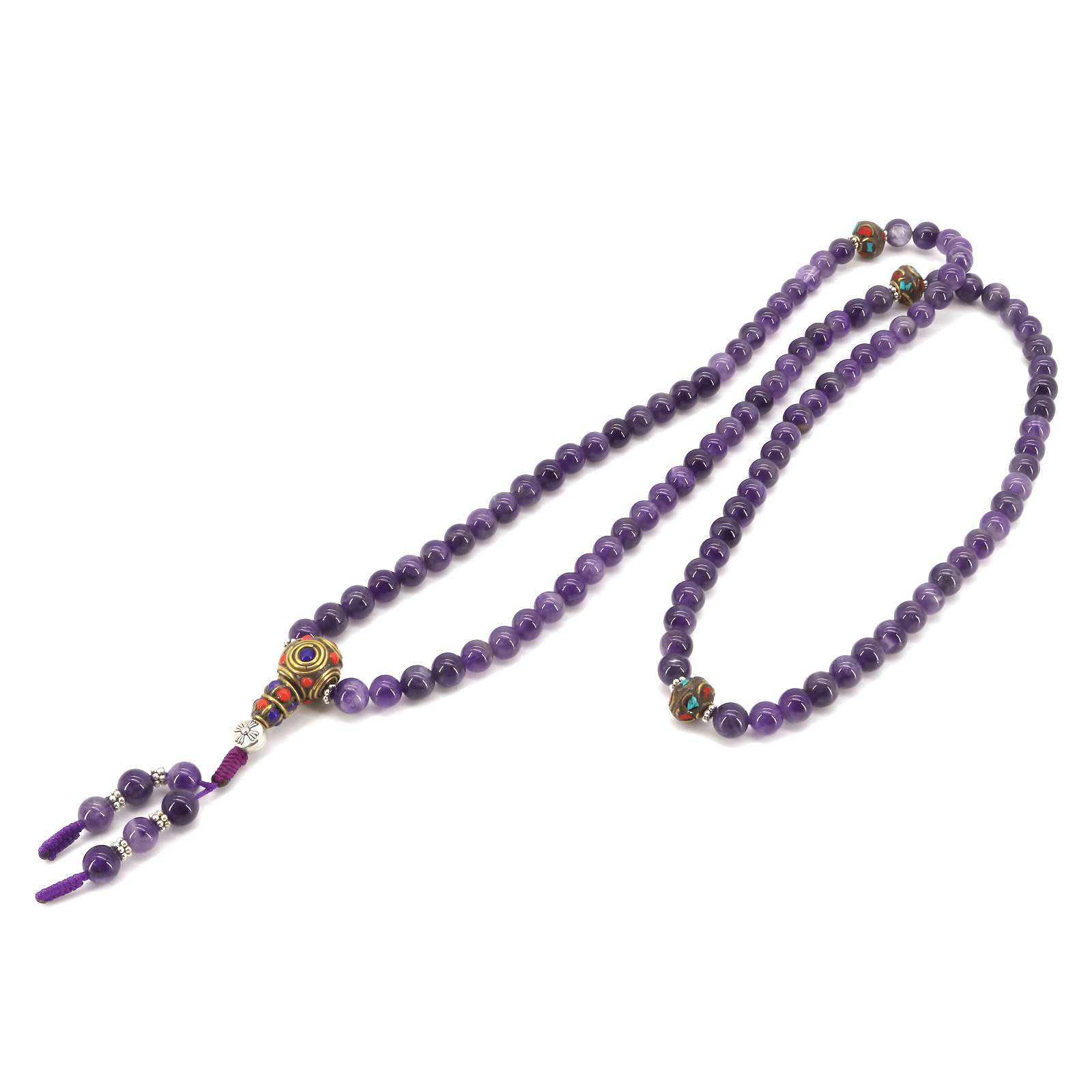 Amethyst Mala mit versilberten Abstandsperlen und Messing mit zerkleinerten Steinen.